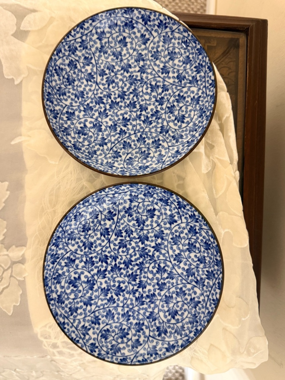 Japanese Blue Floral Porcelain Salad/Dessert Plates - Set of 2